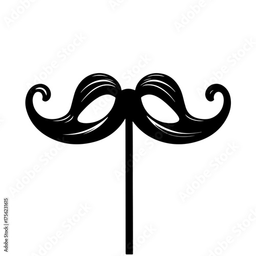  A classic black handlebar mustache on a stick, a popular prop for photo booths, parties, and carnivals. This vector icon symbolizes fun, comedy, masquerade costumes, and festive celebrations.