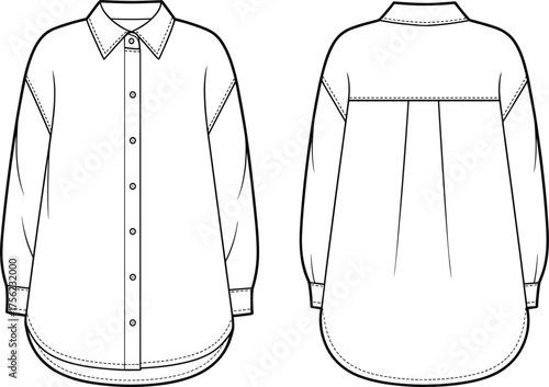 Button-up shirt sketch, long sleeve fashion design, technical illustration, front and back view, sewing pattern, garment construction, casual wear