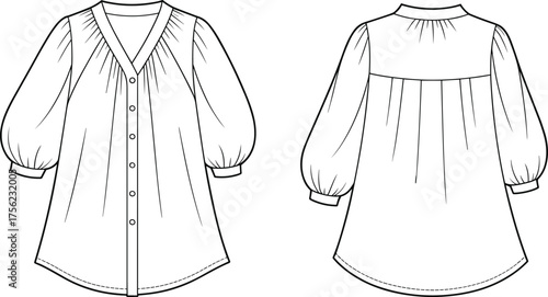 Blouse sketch, bishop sleeve design, button-down fashion illustration, gathered yoke detail, sewing pattern, garment construction, front and back view