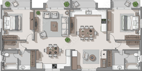 Dual-living apartment floor plan, mirrored residential layout, interior design blueprint, two bedrooms, kitchens, bathrooms, living rooms, central shared space