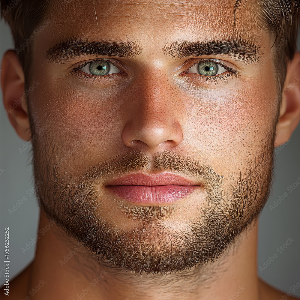Fototapeta premium Close up portrait of young man with green eyes, medium length wavy hair, natural beard