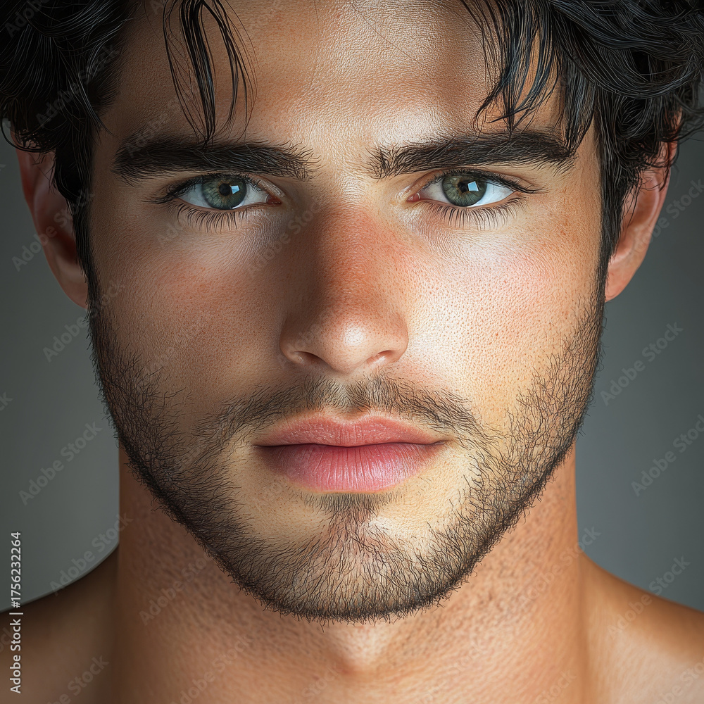 Obraz premium Close up male face with thick curly black hair, stubble beard, intense expression