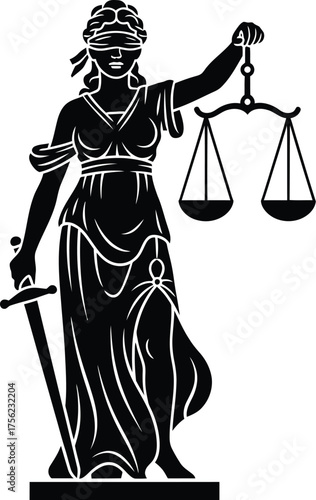 Blindfolded Lady Justice moral force in judicial systems with a scale and sword icon logo vector illustration 