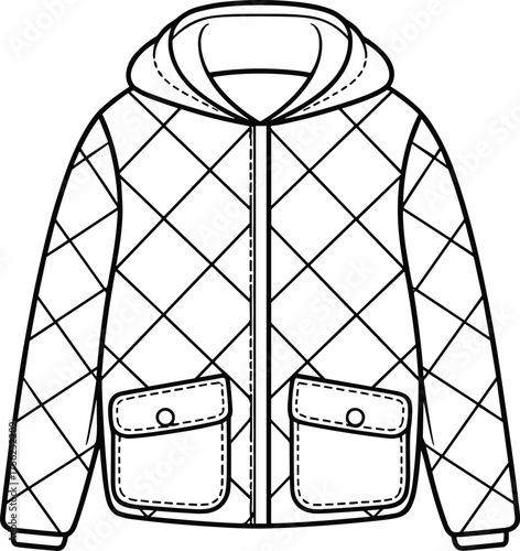 Quilted jacket fashion sketch, hooded outerwear design, diamond stitch coat, zipper front style, winter garment template, flat vector illustration