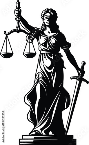Blindfolded Lady Justice moral force in judicial systems with a scale and sword icon logo vector illustration 