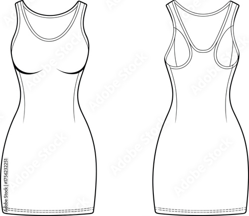 Sleeveless dress, fitted silhouette, scoop neckline, racerback style, fashion sketch, garment design, apparel template, contour seams, flat vector illustration