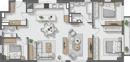 Three-bedroom apartment floor plan, modern residential layout, interior design blueprint, living room, kitchen, dining area, bathrooms, laundry, architecture, planning