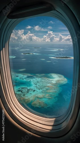 Aerial view of the Maldives islands from an airplane window on a sunny day.