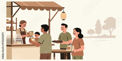 Cheerful family supporting a local small business by buying food at an outdoor weekend market stand illustration