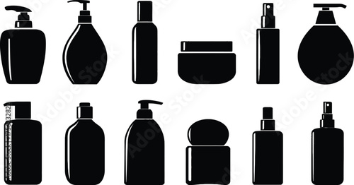 Cosmetic, shampoo bottle silhouettes. Liquid soap, body lotion cream bottle silhouette vector collection. Shaving cream, skincare products icons 