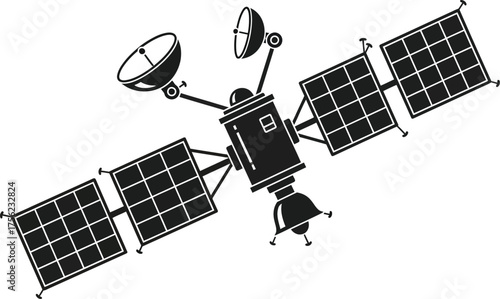 Space satellite icon editable vector illustration. Cosmo solar power station satelite spacecraft. Telecom spaceman artificial communication satellite dish silhouette. Set top box antenna satellite 