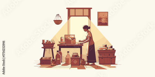 A dedicated female entrepreneur carefully prepares handmade goods in her cozy home workshop for her small business
