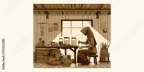 Illustration of a woman in traditional attire crafting goods in a rustic workshop setting, bathed in warm light from a window