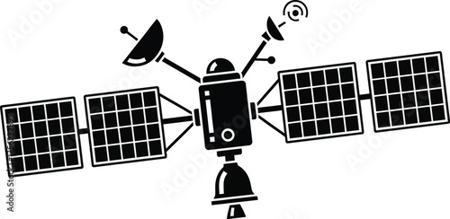 Space satellite icon editable vector illustration. Cosmo solar power station satellite spacecraft. Telecom spaceman artificial communication satellite dish silhouette. Set top box antenna satellite 