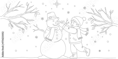 Snowman winter child snow building holiday season christmas cold fun joy art