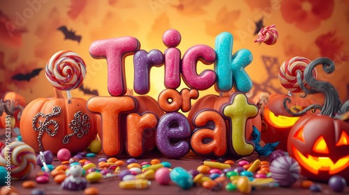 “Trick or Treat” in candy colors surrounded by candies, lollipops, and jack-o’-lanterns