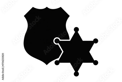 Black sheriff badge and shield illustration on a white background in a vector graphic style image