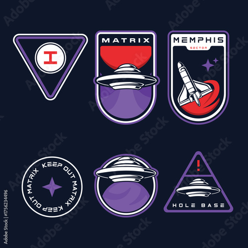 A collection of six retro-futuristic space and UFO themed embroidered patches in purple, red, and white colors.