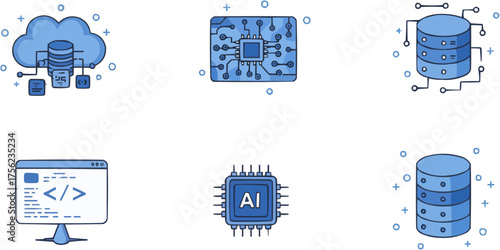 Modern flat vector set featuring AI, cloud computing, coding, database, and microchip icons. Ideal for tech, innovation, software, and digital transformation visuals.
