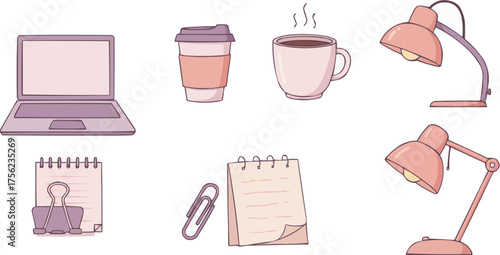 Vector illustration of a cozy desk setup with laptop, lamps, coffee cups, notepad, and stationery in warm pastel tones. Ideal for creative business or work-from-home themes.
