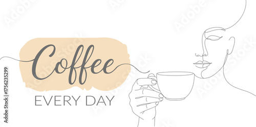 "coffee every day", continuous line art with a woman drinking coffee. minimalist, aesthetic, cafe vector logo