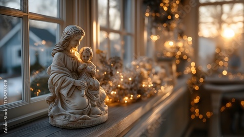 Ceramic statue of a mother and child bathed in peaceful morning light, surrounded by soft bokeh and warm ambiance, creating a serene and tranquil atmosphere