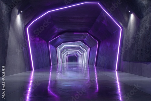 A futuristic tunnel with bright neon lights casting a purple glow. The tunnel has a modern design with geometric shapes and a glossy floor that reflects the lights