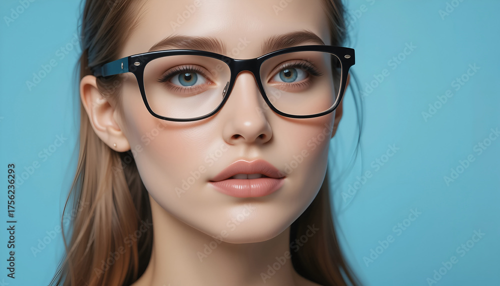 Fototapeta premium Young woman with long hair wearing stylish glasses, showcasing a confident expression against a soft blue background, emphasizing modern eyewear fashion