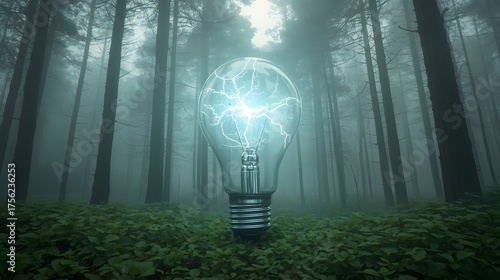 Glowing Light Bulb in a Serene Misty Forest