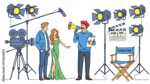 Colorful Continuous Line Drawing of Movie Director with Megaphone and Script Surrounded by Film Equipment, Representing Leadership and Creativity in Filmmaking