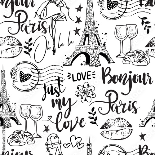 Fashion seamless pattern. pattern with original calligraphic fonts, sketch Eiffel Tower and lips. for  fashion clothes, t shirt, child, wrapping paper. Creative girlish design  . Black and white 