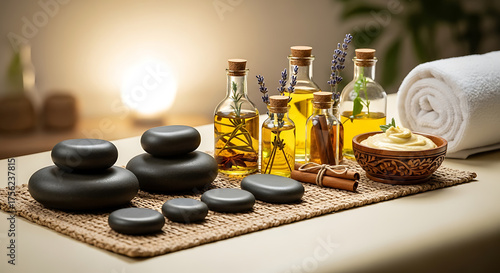 Relaxing spa therapy setup with massage stones essential oils and towel