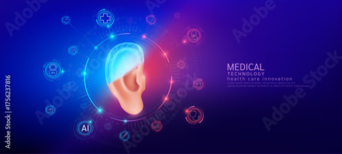 Ear realistic shape model with translucent polygon connection to the medical network icons. Innovation in digital smart science health care technology. Banner vector.