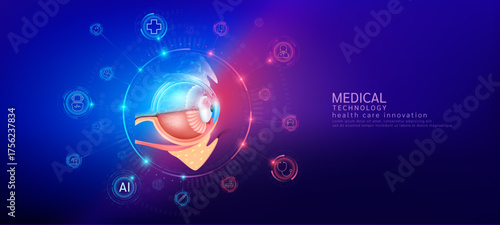 Eyeball realistic shape model with translucent polygon connection to the medical network icons. Innovation in digital smart science health care technology. Banner vector.