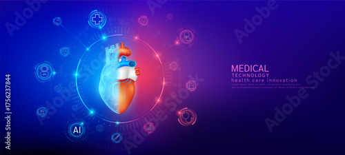 Heart realistic shape model with translucent polygon connection to the medical network icons. Innovation in digital smart science health care technology. Banner vector.