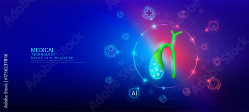 Gallbladder realistic shape model with translucent polygon connection to the medical network icons. Innovation in digital smart science health care technology. Banner vector.