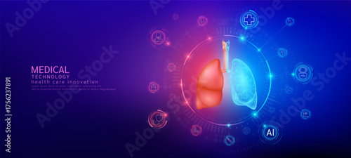 Lung realistic shape model with translucent polygon connection to the medical network icons. Innovation in digital smart science health care technology. Banner vector.