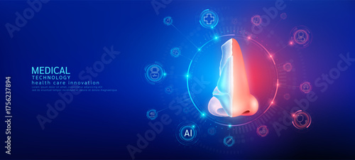 Nose realistic shape model with translucent polygon connection to the medical network icons. Innovation in digital smart science health care technology. Banner vector.