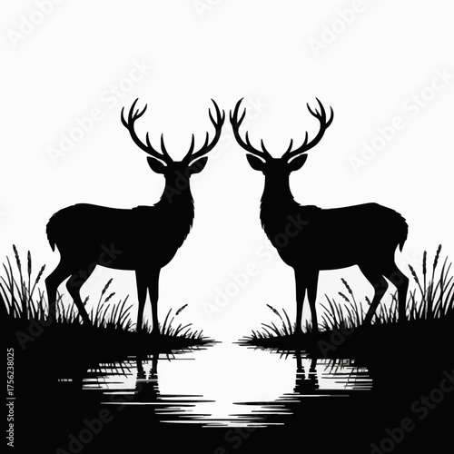 Symmetrical Deer Silhouettes at Water's Edge - Black and White Stags
