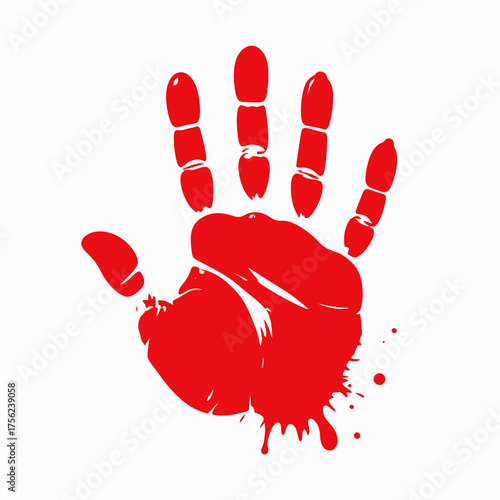 Vector illustration of a single red bloody handprint with messy splatters, symbolizing a warning sign or a crime scene concept