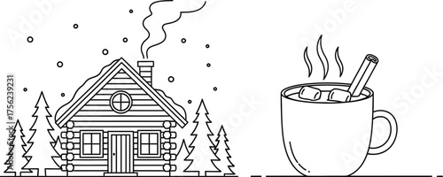 Winter cabin hot chocolate marshmallows cinnamon snow cozy holiday season