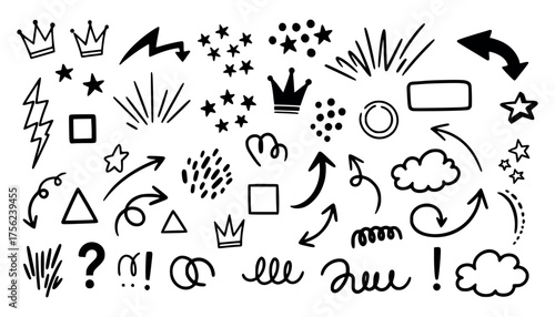 Vector art of collection of handdrawn doodle elements including crowns, stars, lightning bolts, arrows, clouds, question marks, exclamation points, and abstract shapes