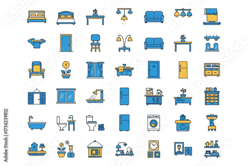 Vector art of collection of flat design icons representing various furniture and home decor items