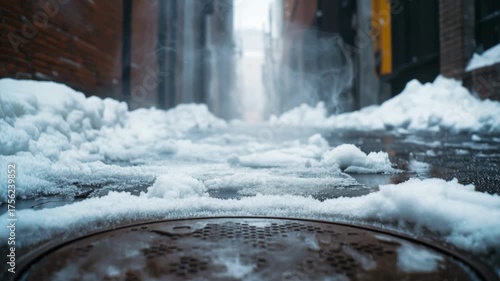 Snow-covered alleyway with steam rising from manhole in winter