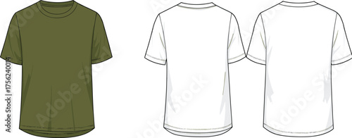 Men crew neck t-shirt front and back flat sketch, short sleeve casual top CAD technical drawing vector illustration design