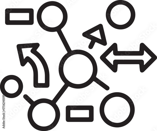 Arrows Illustration of a complex network, depicting interconnected nodes and directional arrows, symbolizing connections, relationships, and strategic planning in a minimalist design outline icon