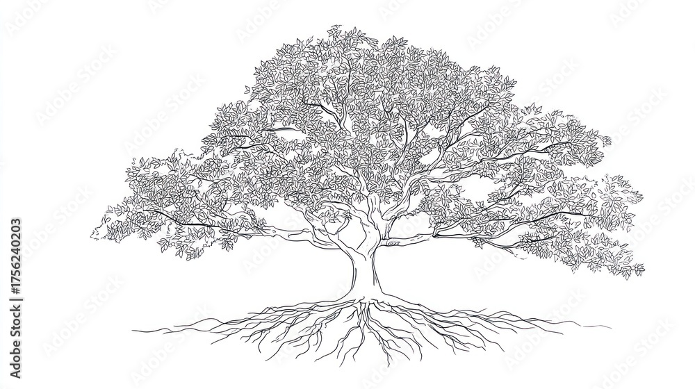 Obraz premium A detailed illustration of a tree showcasing its branches and roots, symbolizing growth, nature, and interconnectedness.