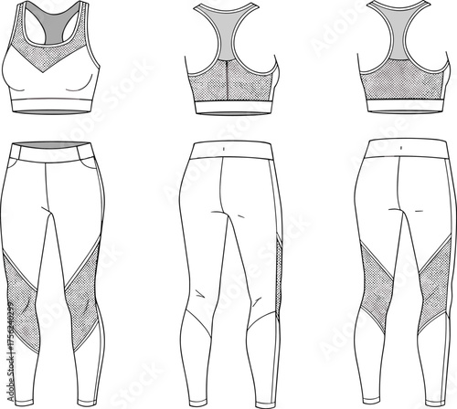 Women activewear set flat sketch, sports bra and leggings design, technical CAD drawing vector illustration for fashion apparel design presentation