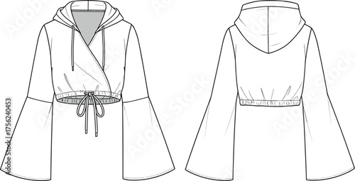Women wrap hoodie sweatshirt flat sketch, bell sleeve crop top design, technical fashion CAD drawing front and back vector illustration
