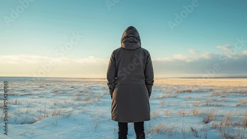Person standing in winter landscape with snow and clear sky